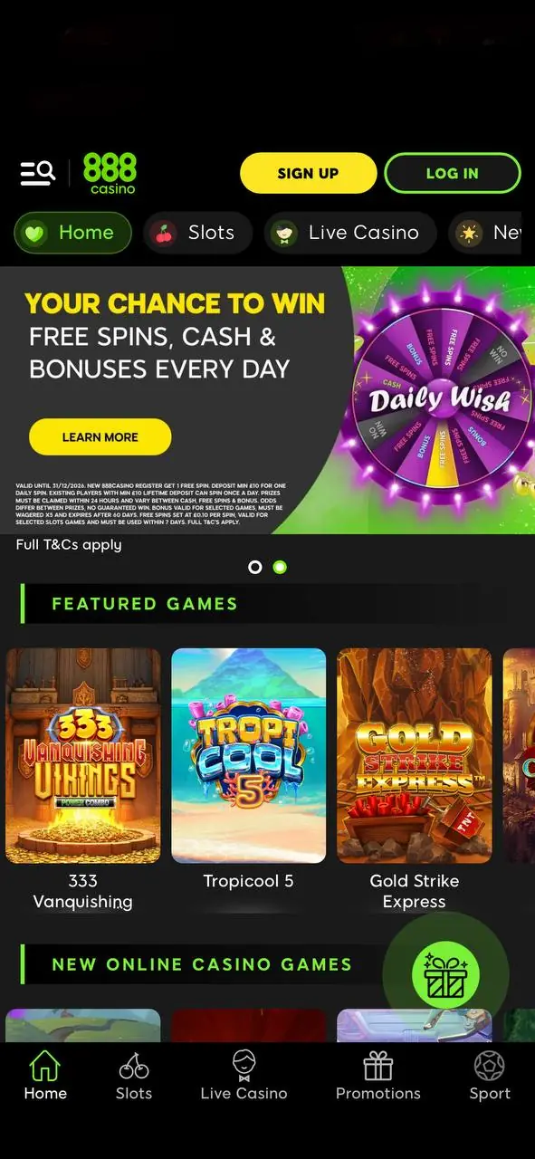 Mobile view of the 888 Casino homepage