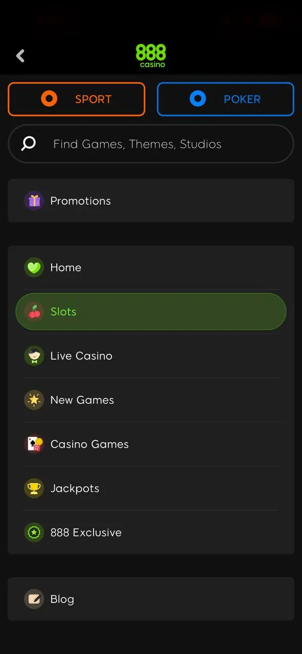 888 Casino app menu