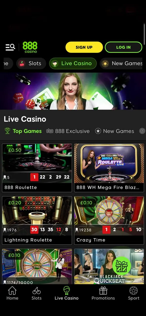 888 Casino live casino app page